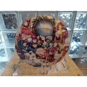 Super Rare Vintage Nativity Scene Birth of Jesus Painted Glass Plate Gorgeous